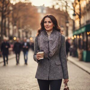 Designer Michael Kors Collection Grey Tweed Shawl Collar Fox Fur Trim Blazer Med